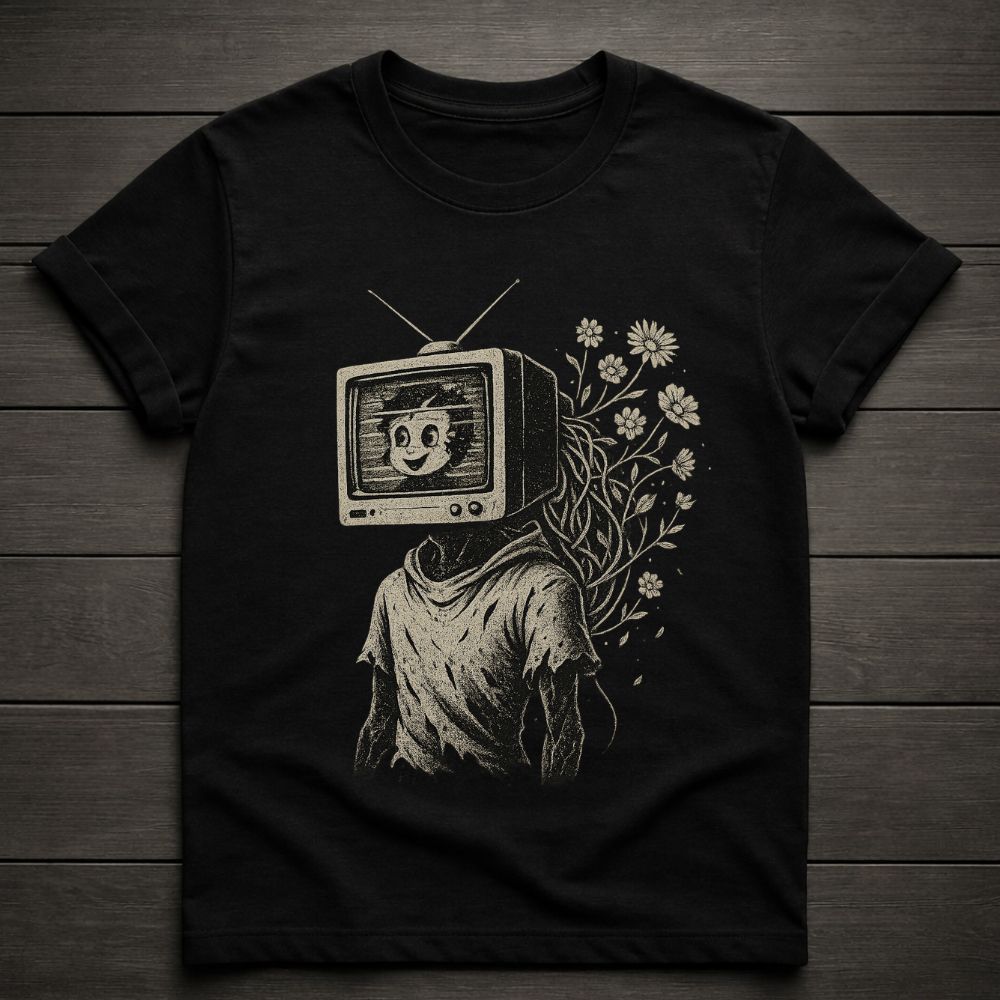 Black t-shirt with a graphic design of a person with a TV head and flowers on a wooden surface