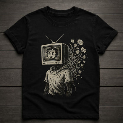 Black t-shirt with a graphic design of a person with a TV head and flowers on a wooden surface