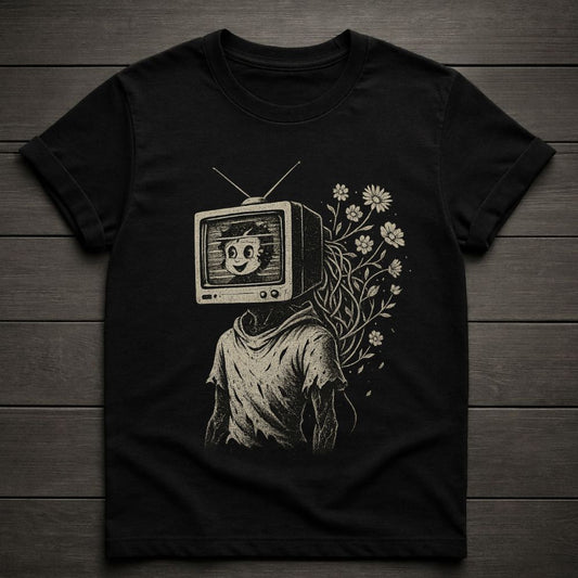 Black t-shirt with a graphic design of a person with a TV head and flowers on a wooden surface