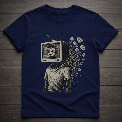 Navy blue t-shirt with a graphic design of a person with a TV head and flowers on a wooden surface