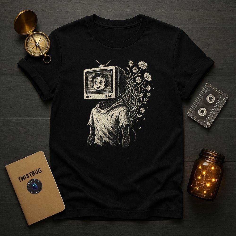 Black “Blooming Static” TV head surreal T-shirt flat lay with analog props.
