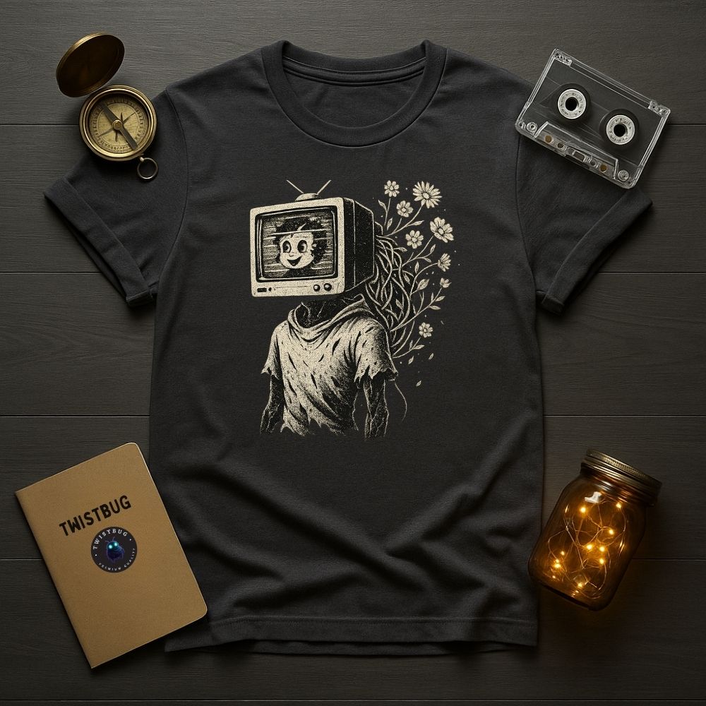 Charcoal gray surreal TV head and flowers graphic tee, moody lighting.