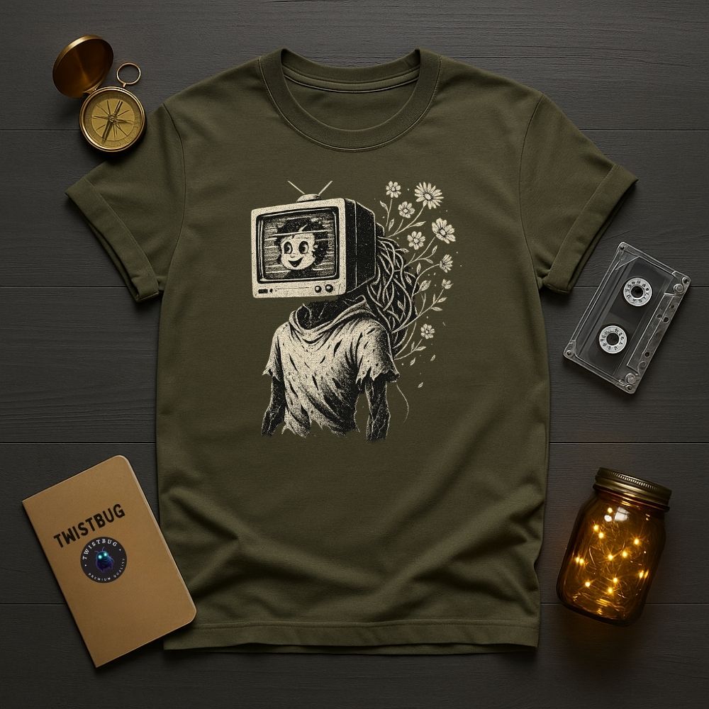 Military green analog-nature T-shirt featuring retro TV sprouting flowers.