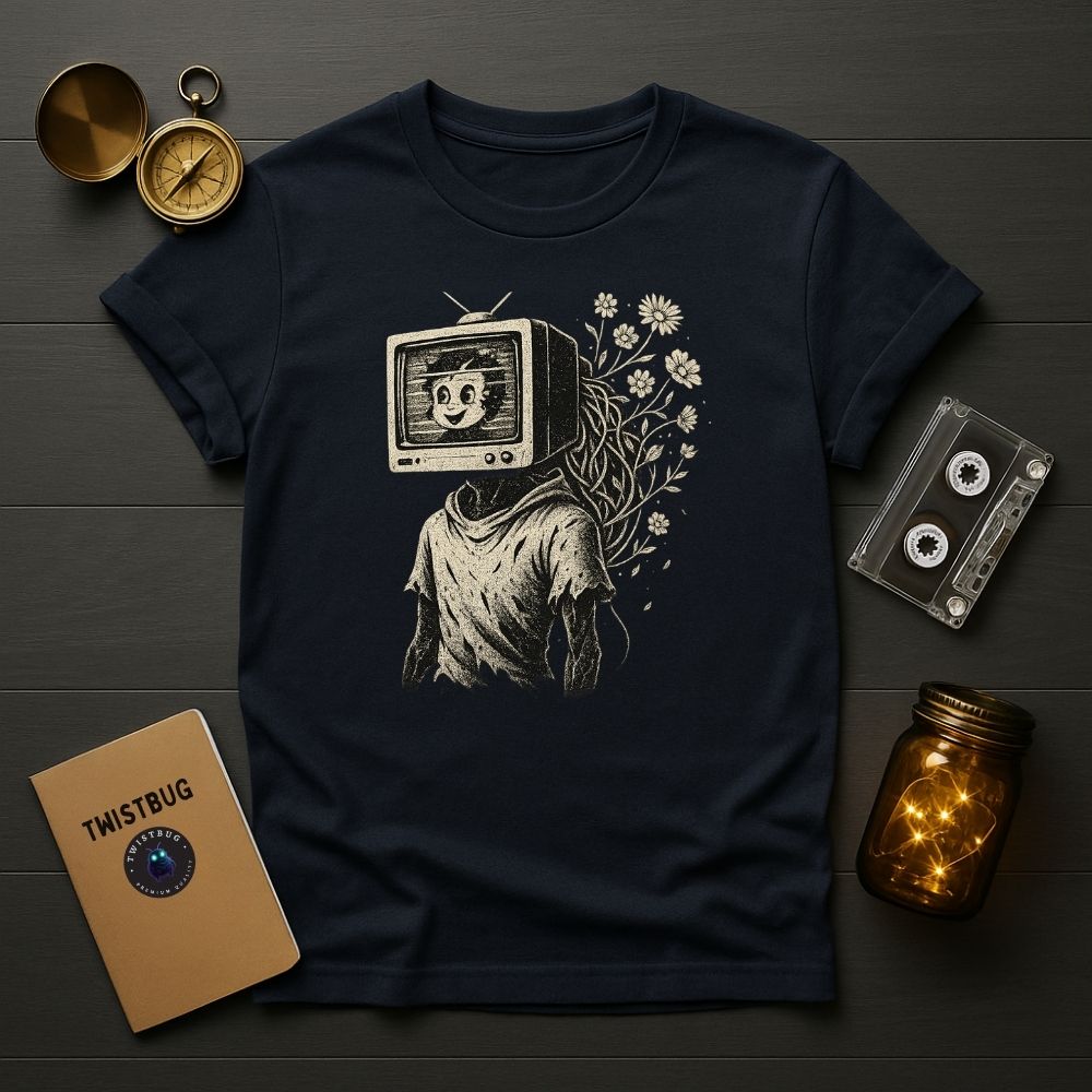 Navy blue “Blooming Static” surreal art shirt, retro vibe.