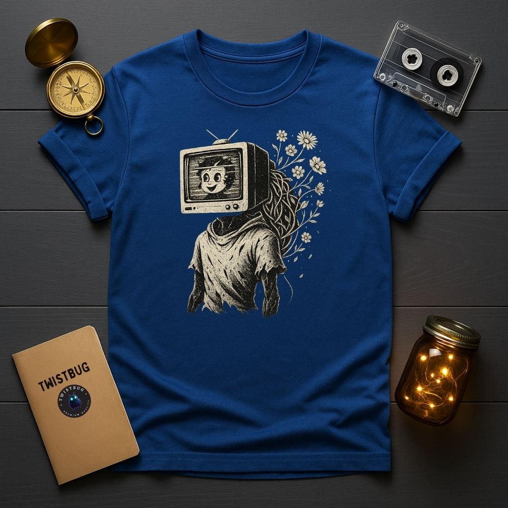 Royal blue TV head graphic T-shirt with nature-meets-tech theme.