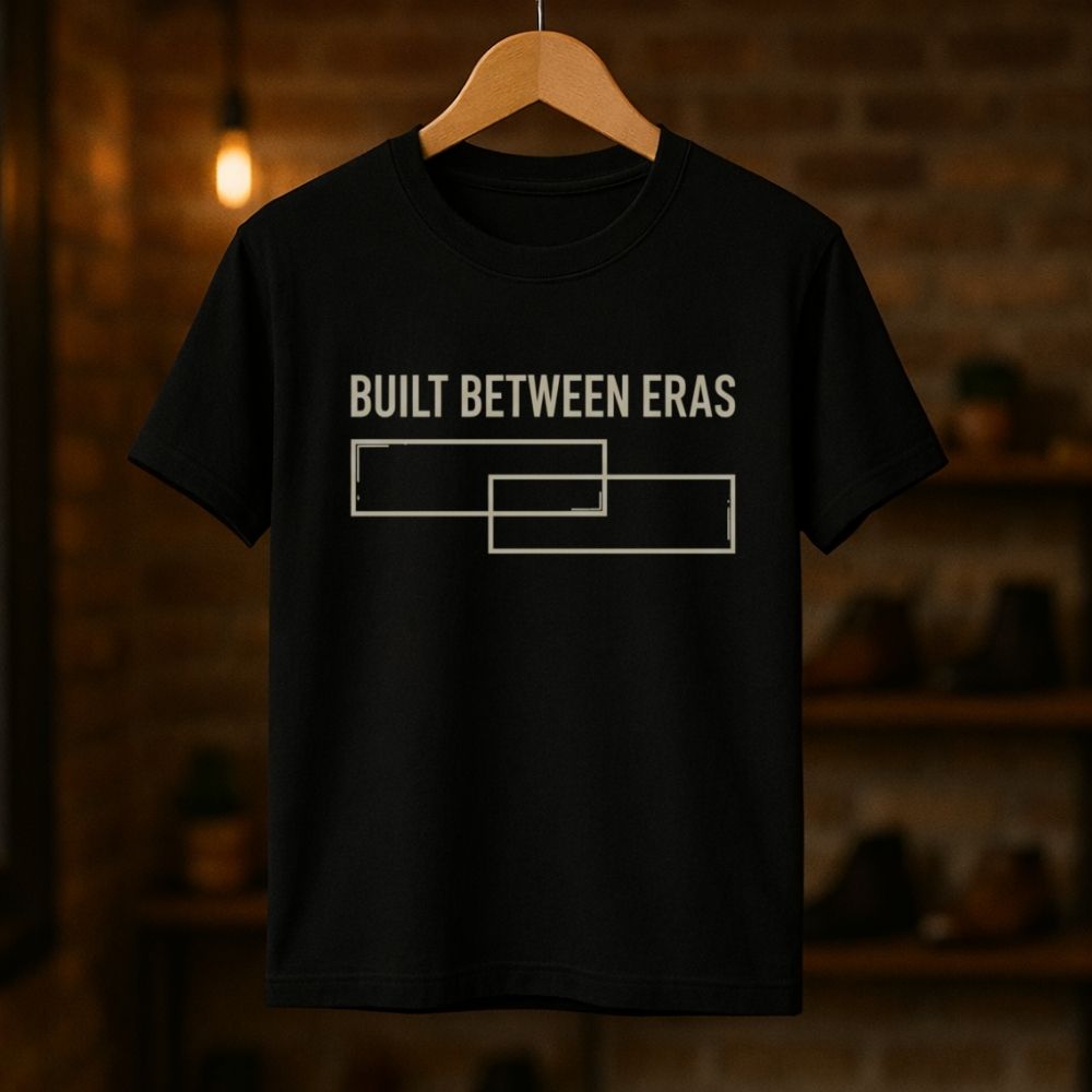Black t-shirt with 'BUILT BETWEEN ERAS' text on a wooden hanger against a dark background