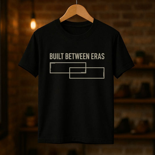 Black t-shirt with 'BUILT BETWEEN ERAS' text on a wooden hanger against a dark background