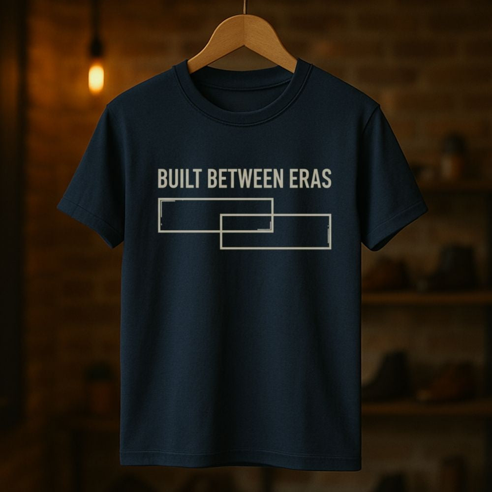Navy blue t-shirt with 'BUILT BETWEEN ERAS' text on a wooden hanger against a dark background