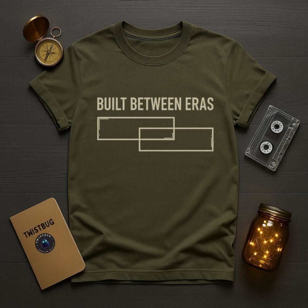 Green t-shirt with 'Built Between Eras' text on a wooden surface with vintage items.