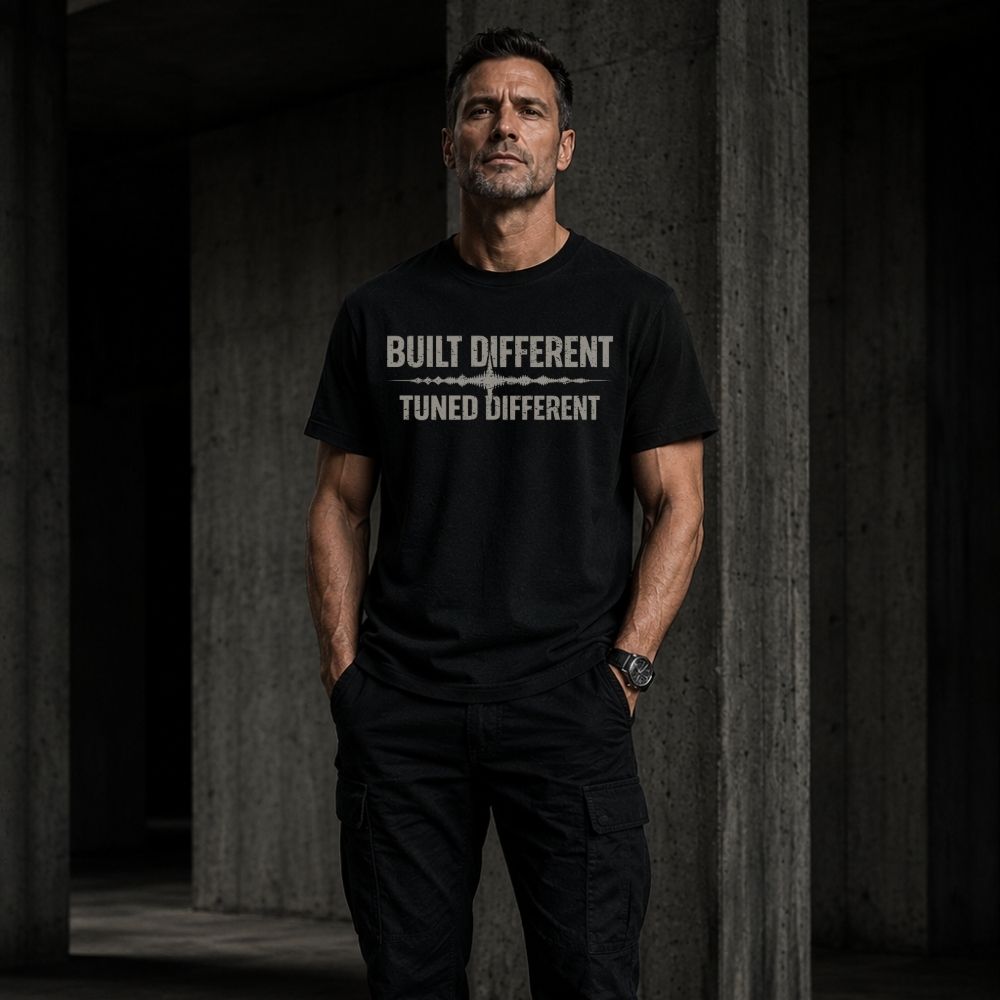 Man wearing a black t-shirt with 'Built Different Tuned Different' text in a dark setting.