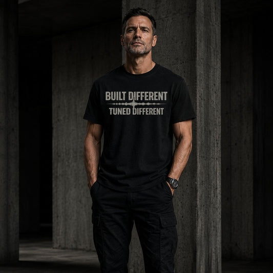 Man wearing a black t-shirt with 'Built Different Tuned Different' text in a dark setting.