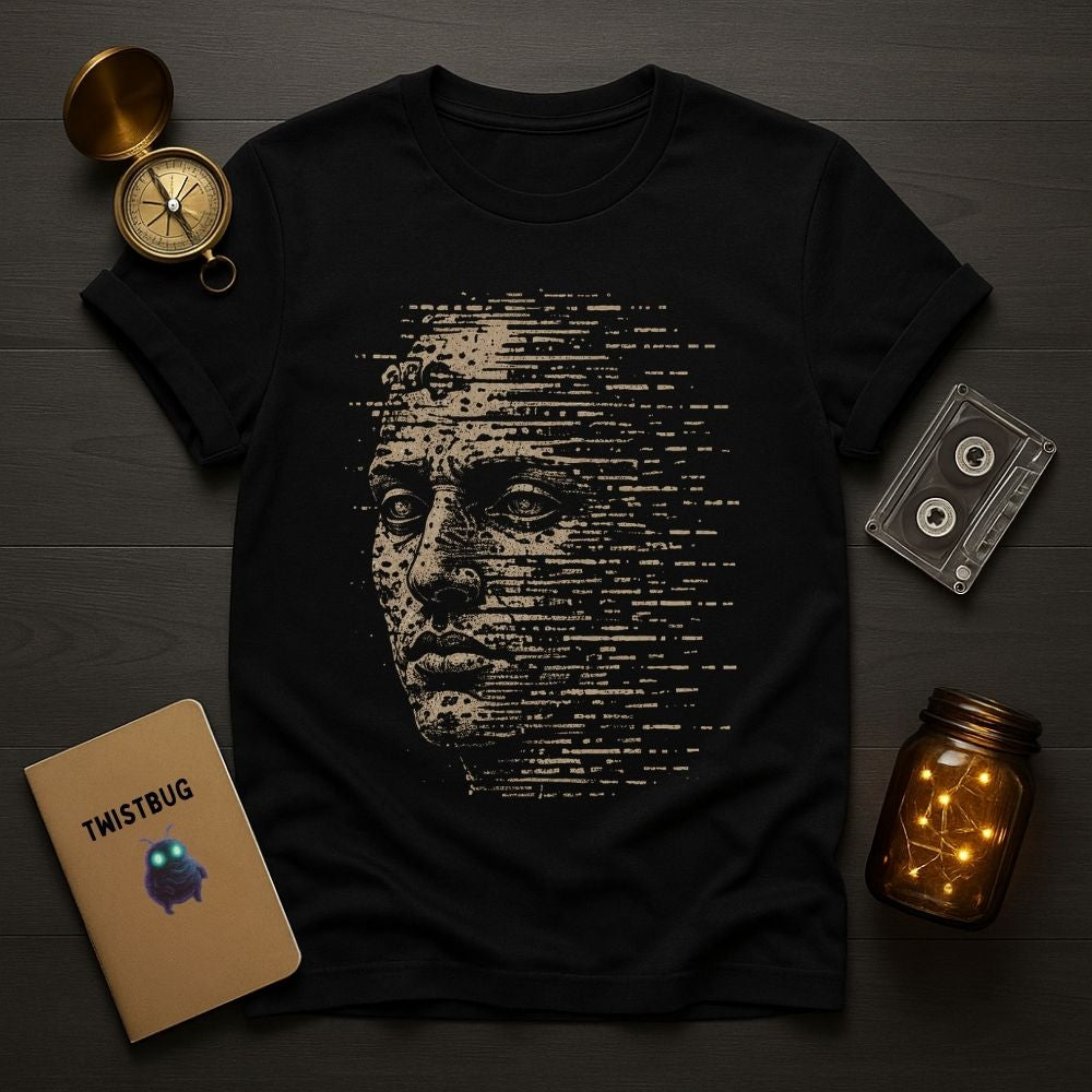 Black t-shirt with a graphic design on a wooden surface with decorative items.