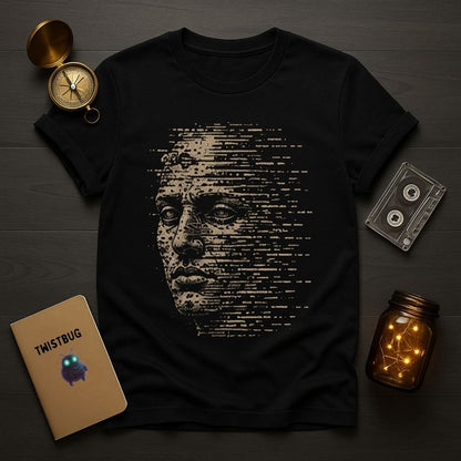 Black t-shirt with a graphic design on a wooden surface with decorative items.