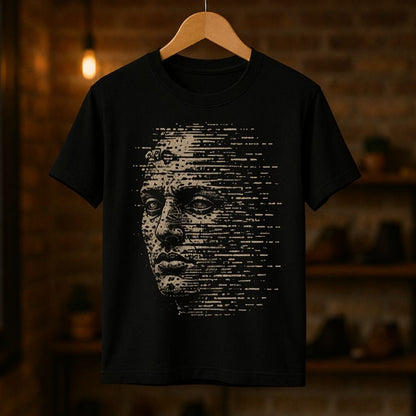 Black t-shirt with a unique face design on a wooden hanger against a blurred background