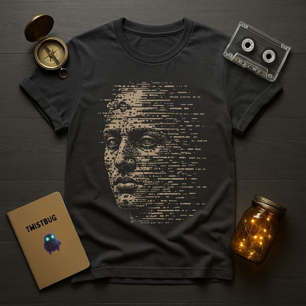 Black t-shirt with a graphic design on a wooden surface with a notebook, compass, and jar.