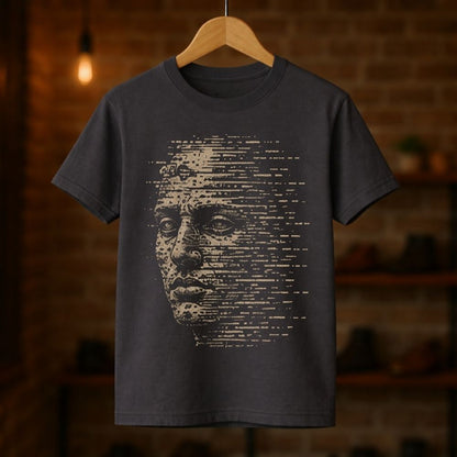Black t-shirt with a graphic design of a face made from text on a wooden hanger against a brick wall background.