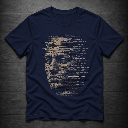 A navy blue short-sleeve t-shirt with a large graphic print of a human face composed of horizontal text, laid flat on a dark wood background.