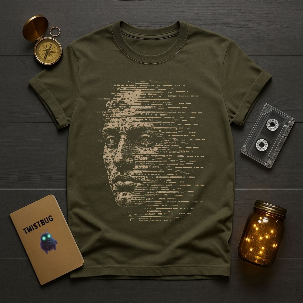 Green t-shirt with a graphic design on a wooden surface with a pocket watch, cassette tape, and jar.