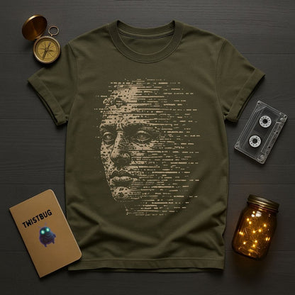 Green t-shirt with a graphic design on a wooden surface with a pocket watch, cassette tape, and jar.