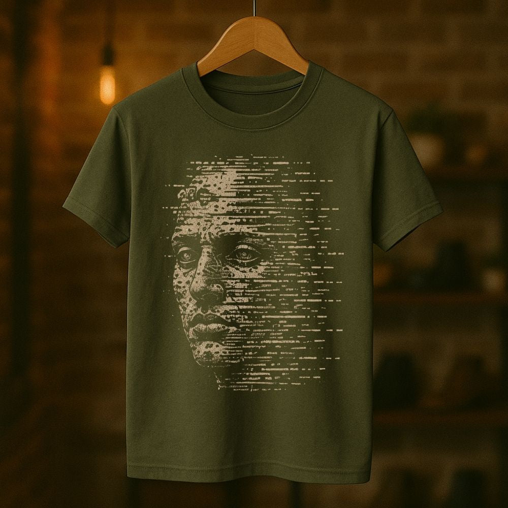Green t-shirt with a face design printed on it, hanging against a blurred background.