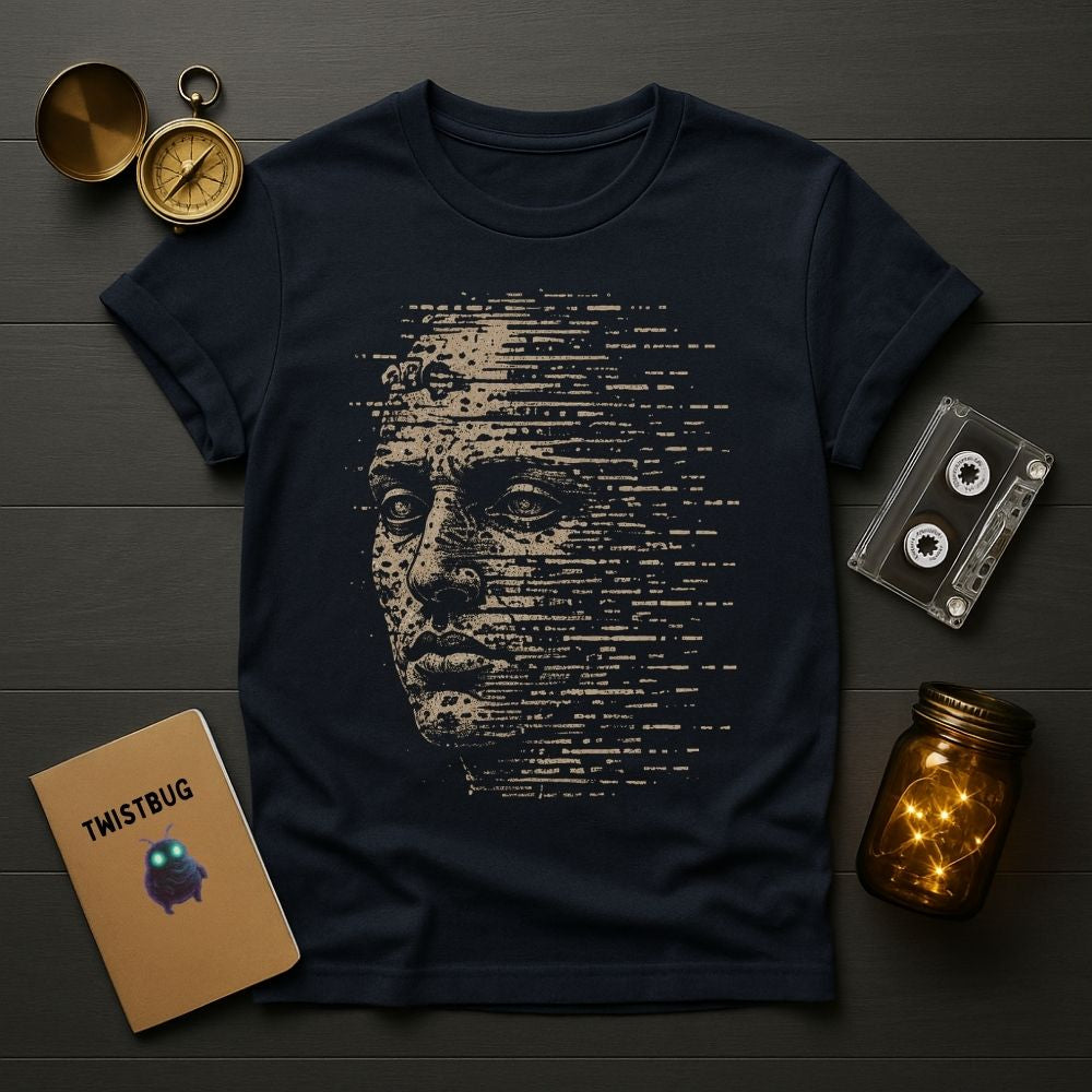 Navy blue t-shirt with a graphic design on a wooden surface with vintage items.