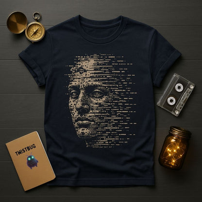 Navy blue t-shirt with a graphic design on a wooden surface with vintage items.
