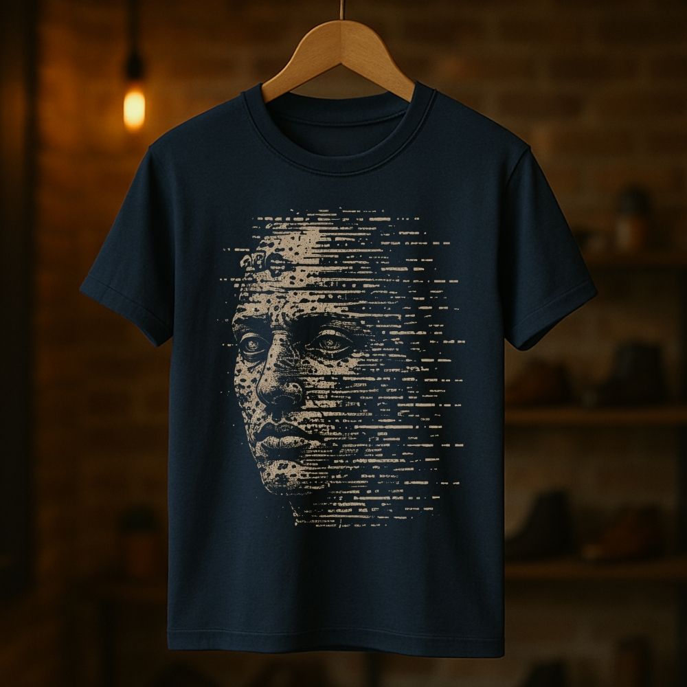 Navy blue t-shirt with a graphic design of a face made from text on a wooden hanger against a dark background.