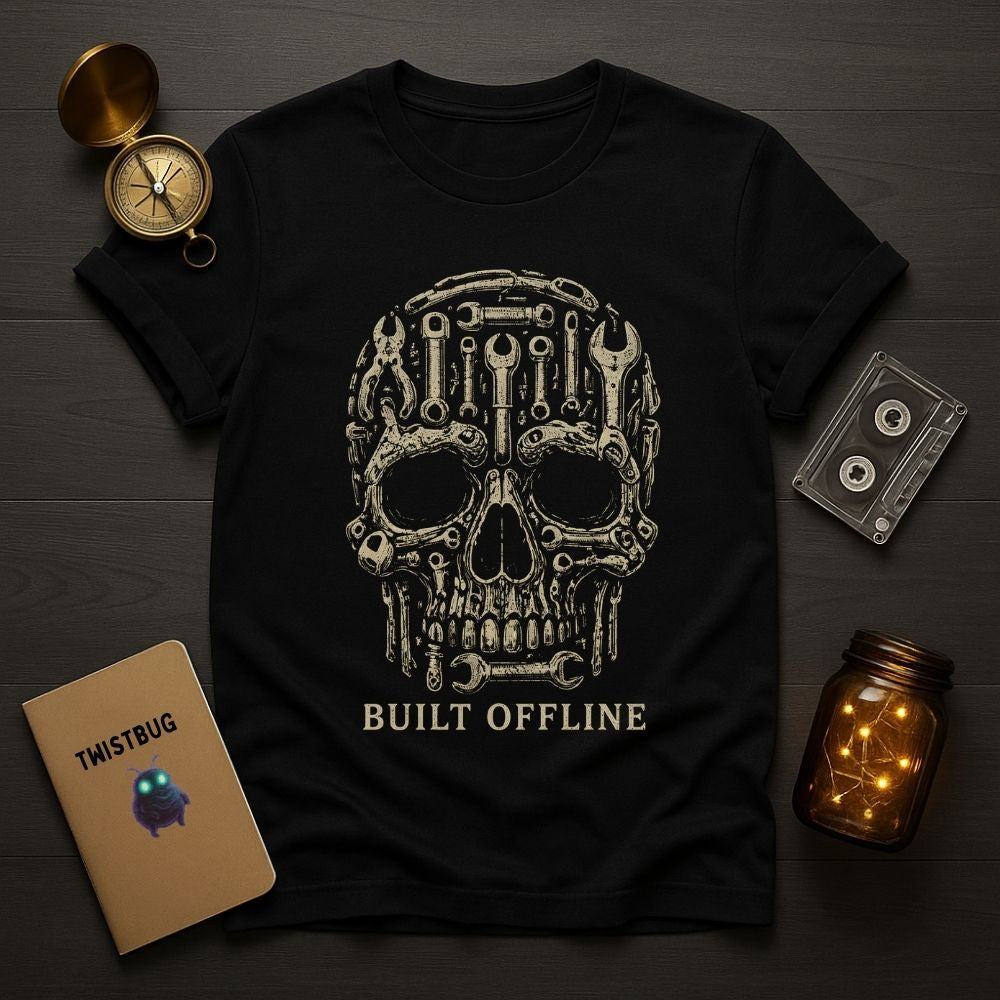 Black t-shirt with a skull design and 'Built Offline' text, placed on a wooden surface with decorative items.
