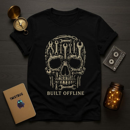 Black t-shirt with a skull design and 'Built Offline' text, placed on a wooden surface with decorative items.