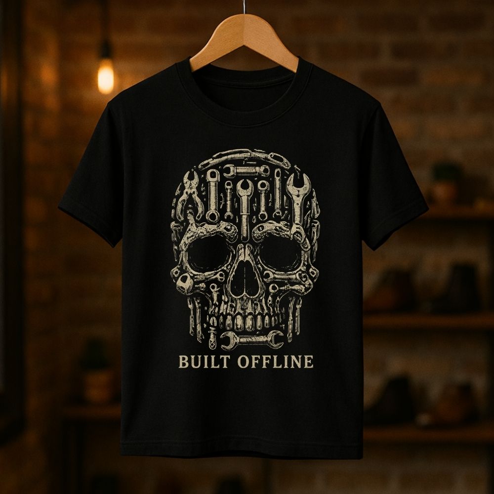 Black t-shirt with mechanical skull design and 'BUILT OFFLINE' text on a wooden hanger against a dark background.