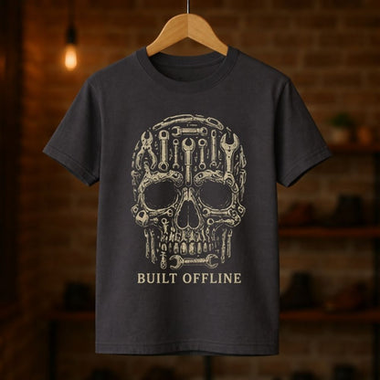 Black t-shirt with a mechanical skull design and 'Built Offline' text on a wooden hanger against a brick wall background.