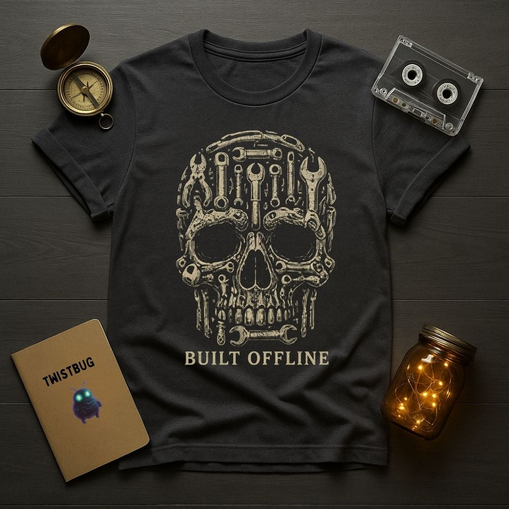 Black t-shirt with mechanical skull design and 'Built Offline' text, placed on a wooden surface with a compass, cassette tape, and jar.