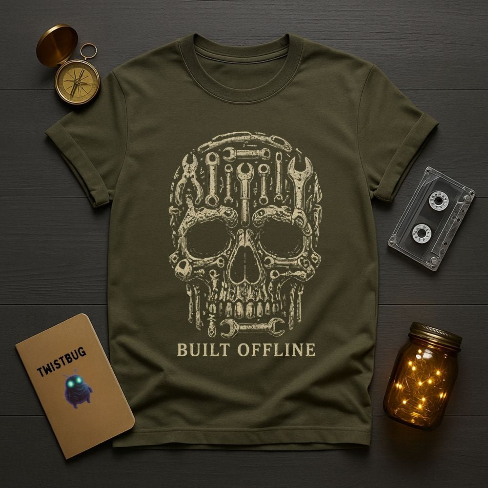 Green t-shirt with mechanical skull design and 'Built Offline' text, placed on a wooden surface with a pocket watch, cassette tape, and jar.