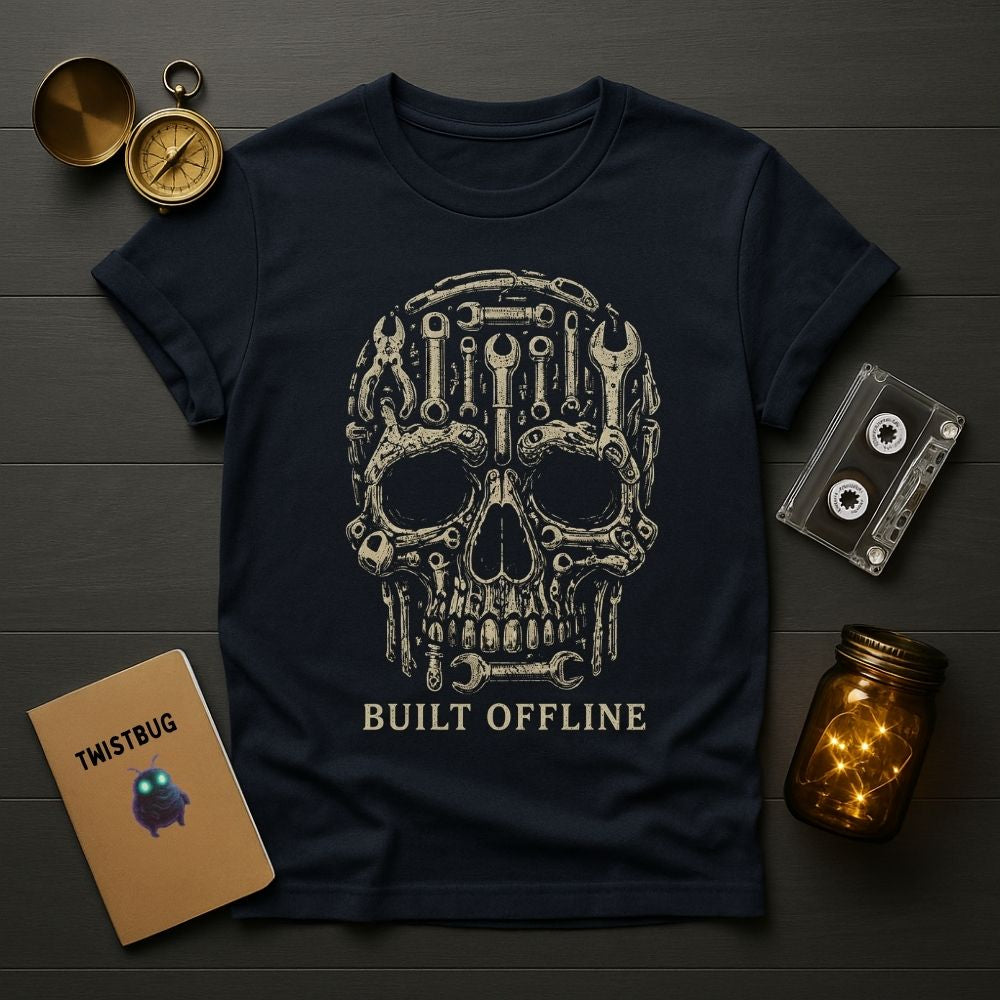 Navy blue t-shirt with mechanical skull design and 'Built Offline' text on a wooden surface with vintage items.