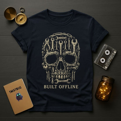 Navy blue t-shirt with mechanical skull design and 'Built Offline' text on a wooden surface with vintage items.