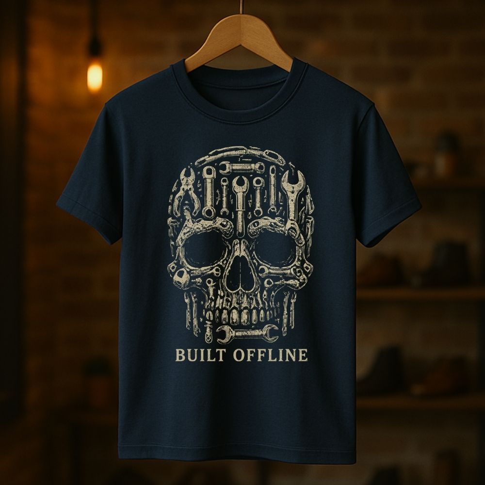 Navy blue t-shirt with a skull design and 'Built Offline' text on a wooden hanger against a dark background.
