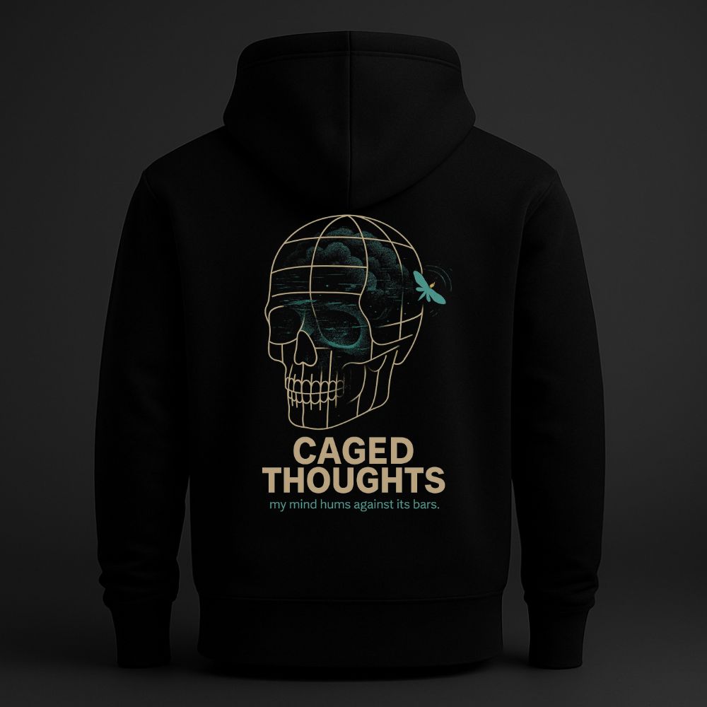 Black hoodie back view featuring a surreal skull enclosed in a geometric cage with the text “Caged Thoughts – my mind hums against its bars,” psychological streetwear design.