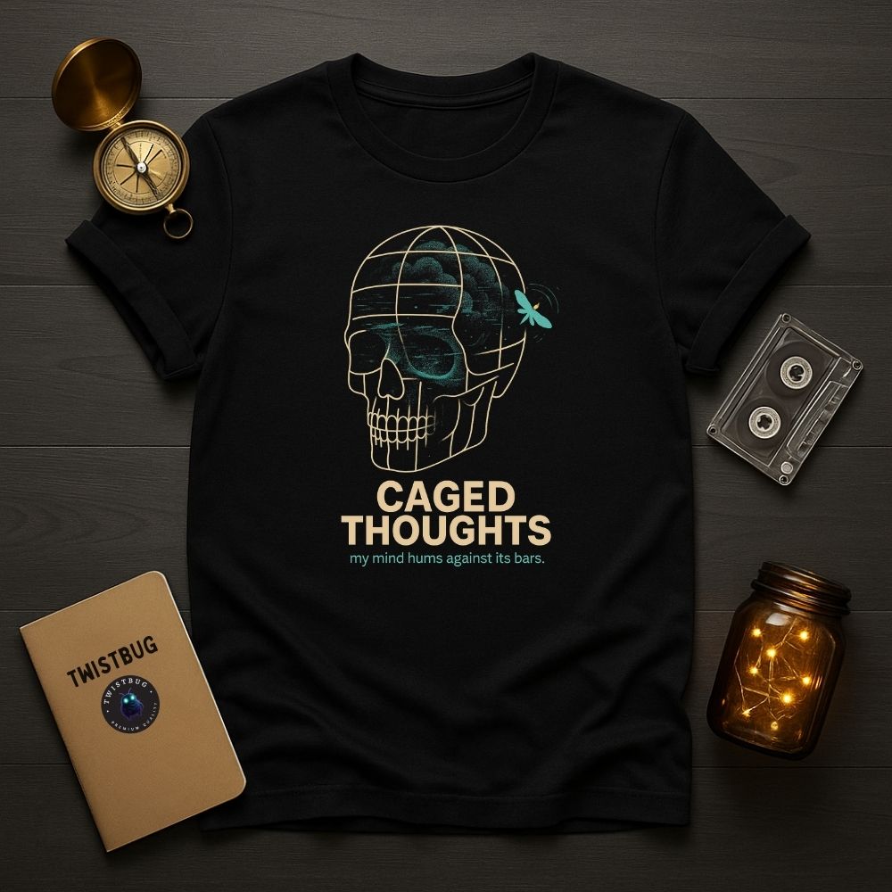 Caged Thoughts T-shirt — surreal skull cage with teal firefly, printed in bone white on black cotton by Twistbug.