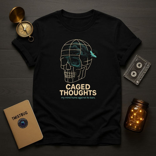 Caged Thoughts T-shirt — surreal skull cage with teal firefly, printed in bone white on black cotton by Twistbug.