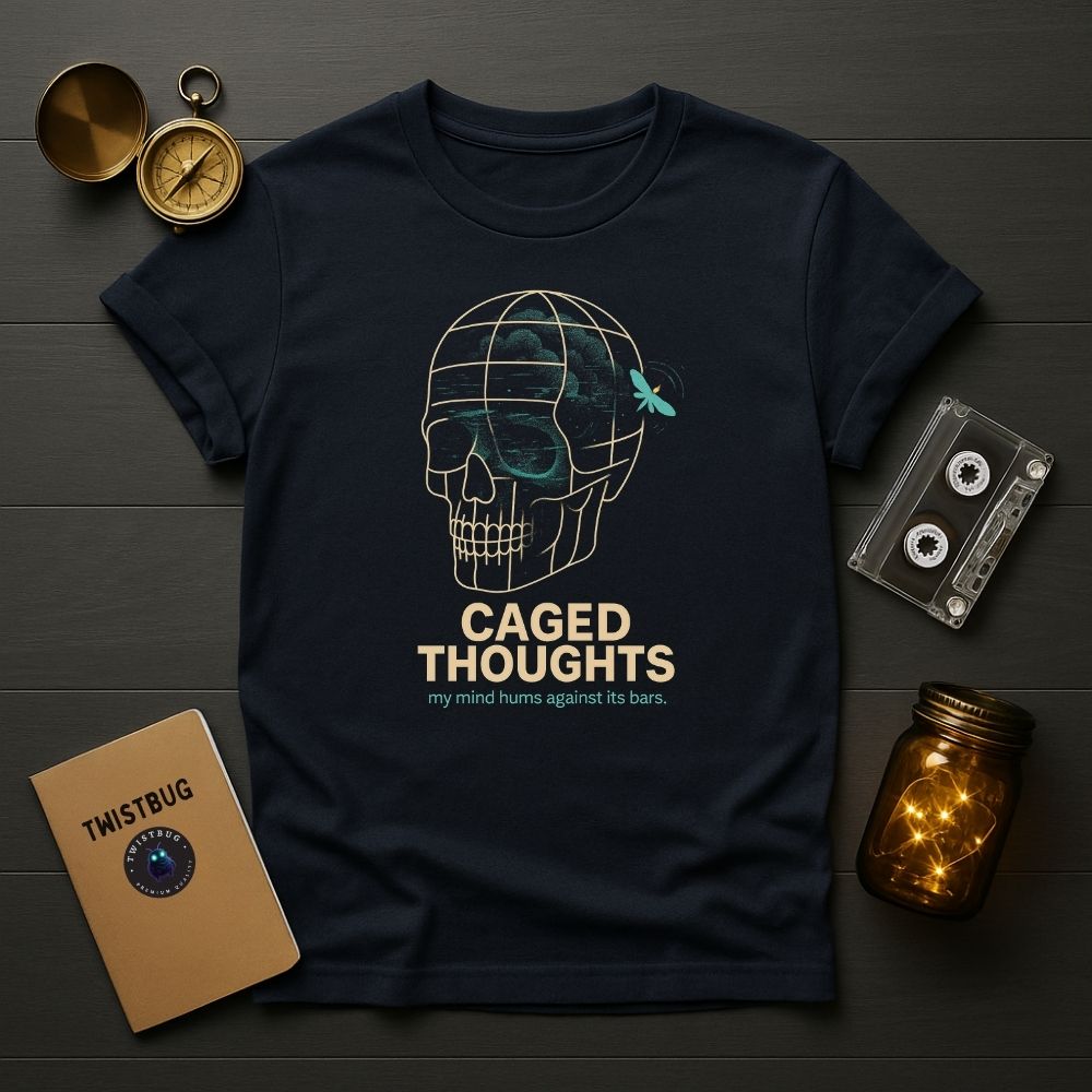 Caged Thoughts T-shirt — surreal skull cage with teal firefly, printed in bone white on black cotton by Twistbug.