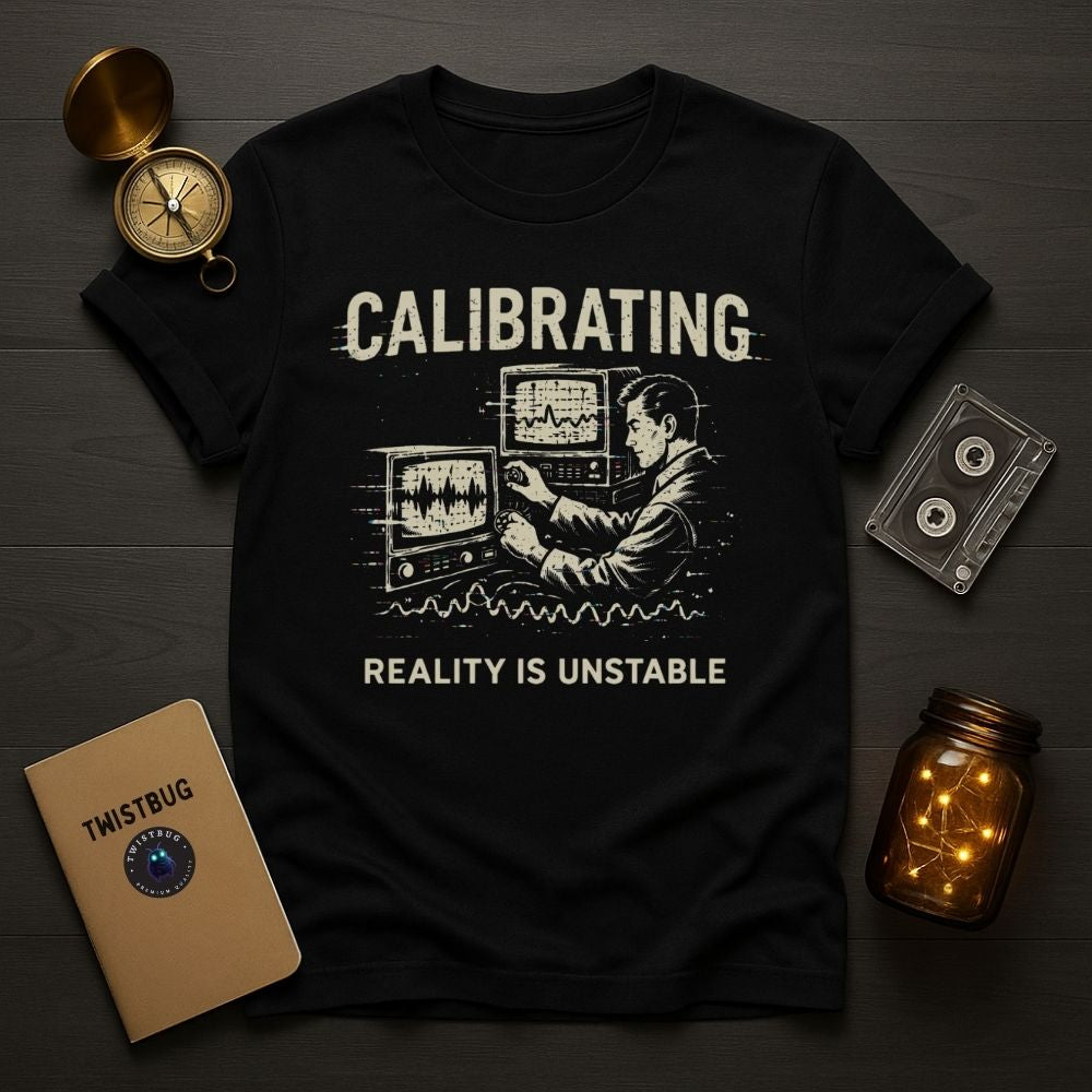 Black t-shirt with graphic design and text on a wooden surface with vintage items.