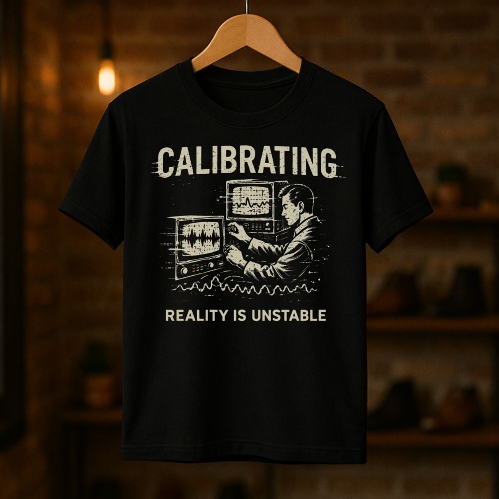 Black t-shirt with graphic design and text 'Calibrating Reality is Unstable' on a wooden hanger against a brick wall background.