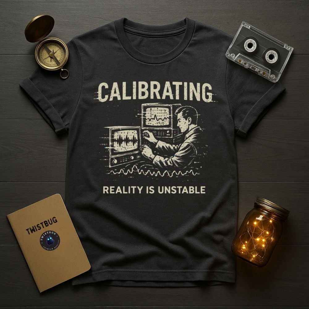 Black t-shirt with graphic design and text on a wooden surface with vintage items.
