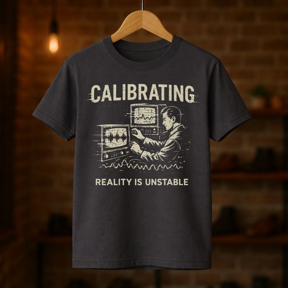 Black t-shirt with white graphic and text on a wooden hanger against a dark background