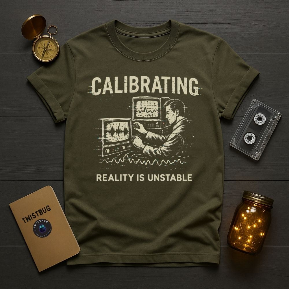 Green t-shirt with graphic design and text on a wooden surface with vintage items.