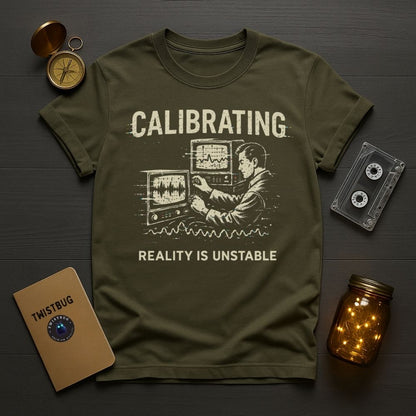 Green t-shirt with graphic design and text on a wooden surface with vintage items.