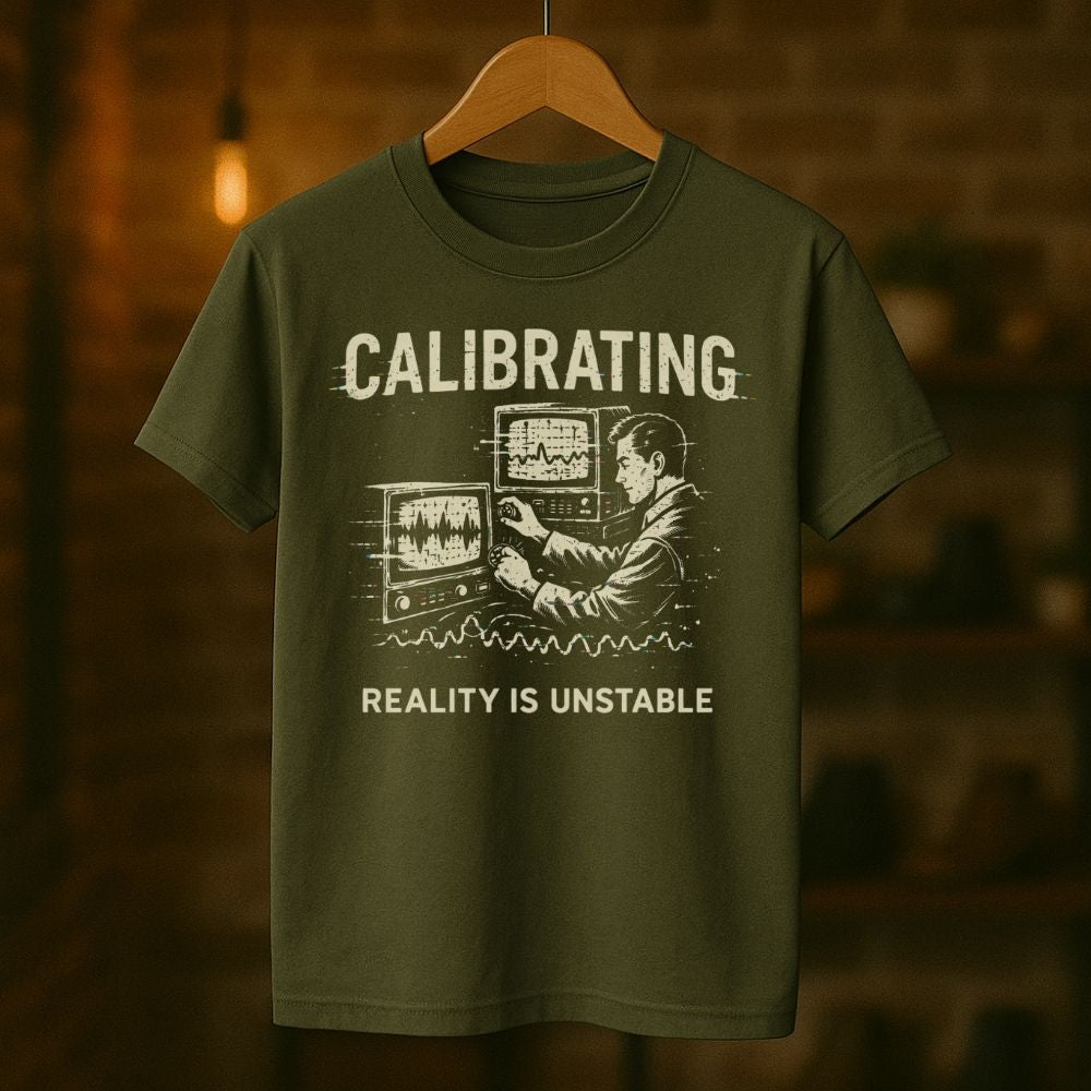 Green t-shirt with a graphic and text 'CALIBRATING REALITY IS UNSTABLE' on a wooden hanger against a blurred background.