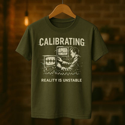 Green t-shirt with a graphic and text 'CALIBRATING REALITY IS UNSTABLE' on a wooden hanger against a blurred background.
