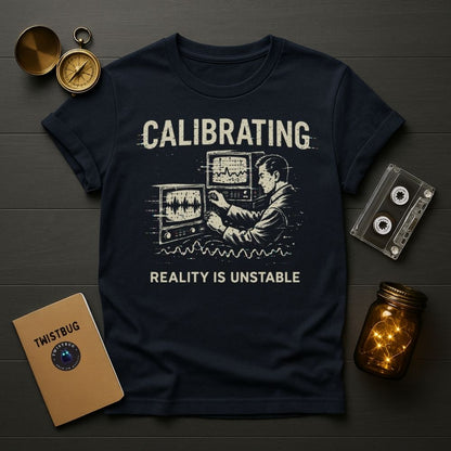 Navy blue t-shirt with graphic design and text on a wooden surface with vintage items.