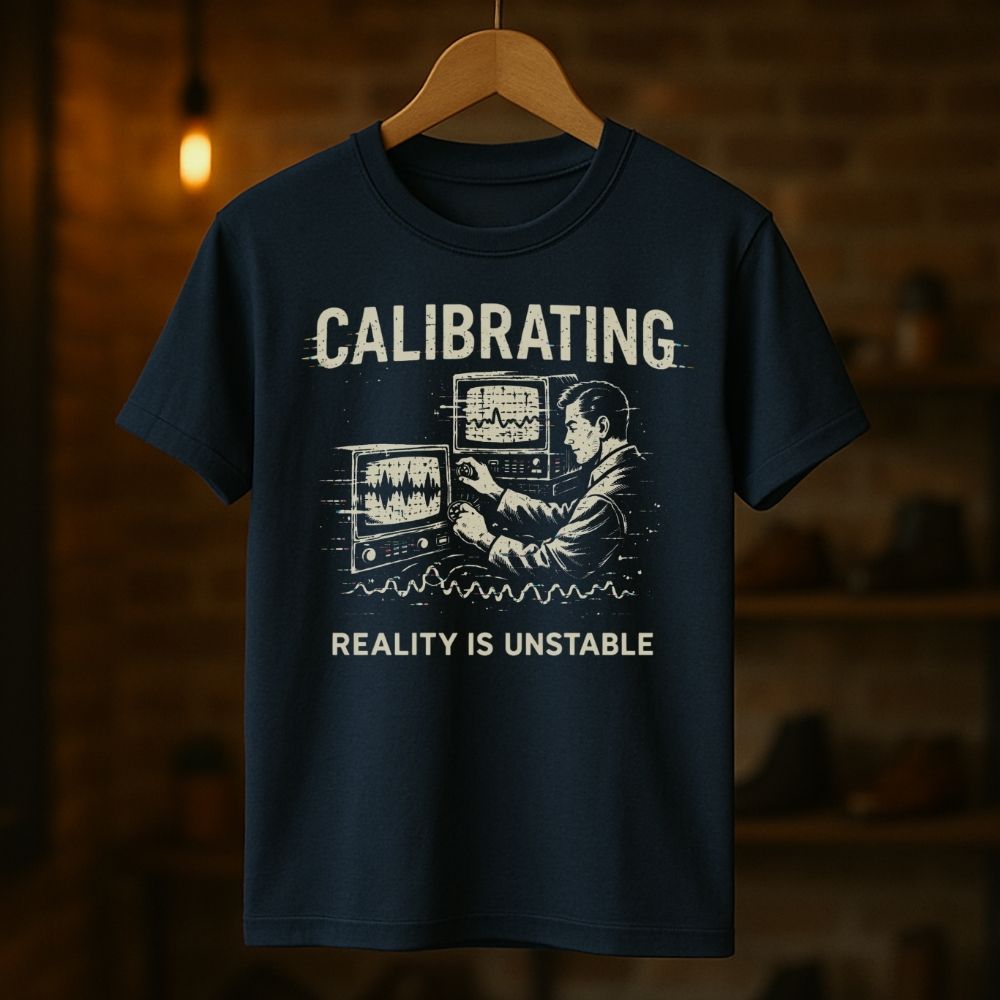 Navy blue t-shirt with graphic design and text 'CALIBRATING REALITY IS UNSTABLE' on a wooden hanger against a dark background.